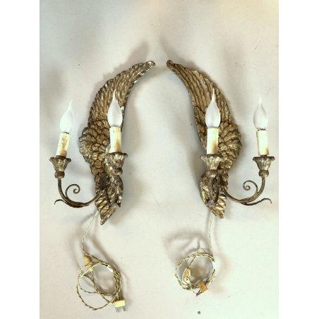 ANTICA COPPIA APPLIQUE PARETE ALI ANGELO DORATE LEGNO FERRO FOGLIA ORO 2 LUMI