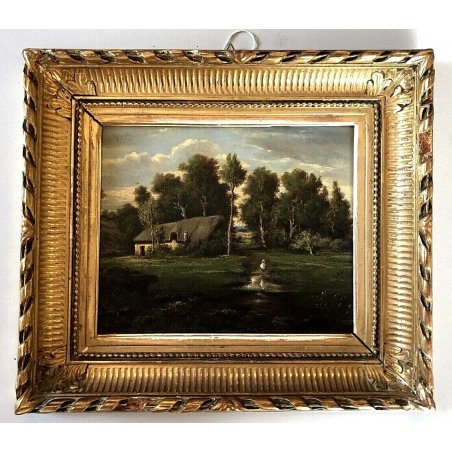ANTICO DIPINTO  PAESAGGIO CLASSICO con FIGURA CASOLARE BOSCO PITTORE NORDICO 