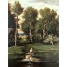 ANTICO DIPINTO  PAESAGGIO CLASSICO con FIGURA CASOLARE BOSCO PITTORE NORDICO 