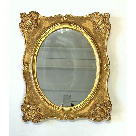 ANTICA SPECCHIERA SPECCHIO OVALE CORNICE LEGNO DECORO FREGI PASTIGLIA DORATO 