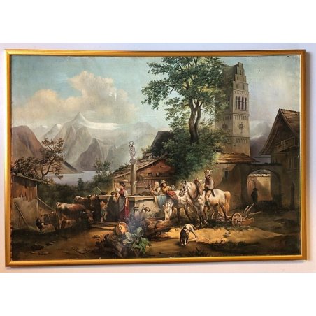 ANTICO QUADRO OLIO LASTRA di METALLO PAESAGGIO con  VIANDANTI FONTANA TORRE LAGO