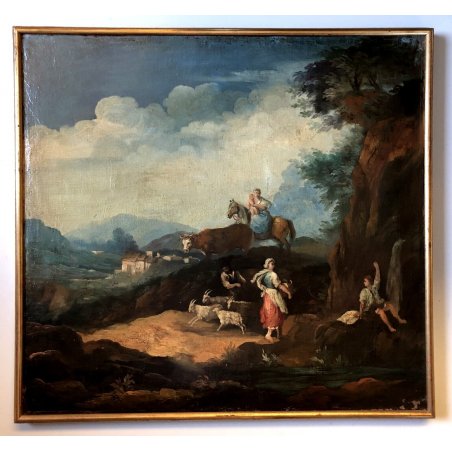 ANTICO QUADRO OLIO PAESAGGIO MATERNITA' MADRE BIMBO CAVALLO FONTE DONNA PASTORI 