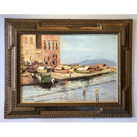 ANTICO QUADRO DIPINTO OLIO A. Pratella PAESAGGIO MARINA Napoli PORTO PESCATORI 