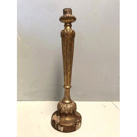 ANTICO CANDELIERE ALTARE TORCERE LEGNO SCOLPITO FOGLIA ORO ARGENTO XIX  47 cm/h