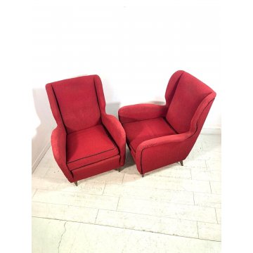 COPPIA POLTRONA VINTAGE TESSUTO ROSSO PIEDINI LEGNO MID-CENTURY ARMCHAIR '50s  