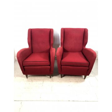 COPPIA POLTRONA VINTAGE TESSUTO ROSSO PIEDINI LEGNO MID-CENTURY ARMCHAIR '50s  