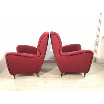 COPPIA POLTRONA VINTAGE TESSUTO ROSSO PIEDINI LEGNO MID-CENTURY ARMCHAIR '50s  