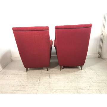 COPPIA POLTRONA VINTAGE TESSUTO ROSSO PIEDINI LEGNO MID-CENTURY ARMCHAIR '50s  