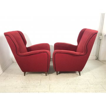 COPPIA POLTRONA VINTAGE TESSUTO ROSSO PIEDINI LEGNO MID-CENTURY ARMCHAIR '50s  