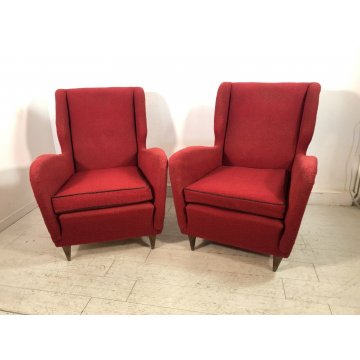 COPPIA POLTRONA VINTAGE TESSUTO ROSSO PIEDINI LEGNO MID-CENTURY ARMCHAIR '50s  