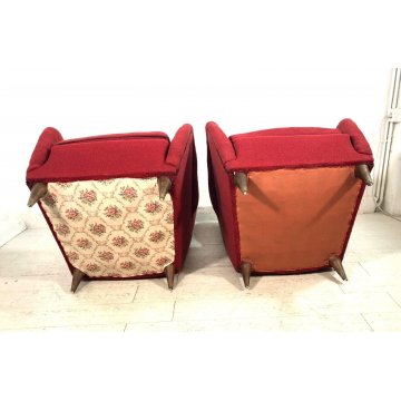 COPPIA POLTRONA VINTAGE TESSUTO ROSSO PIEDINI LEGNO MID-CENTURY ARMCHAIR '50s  