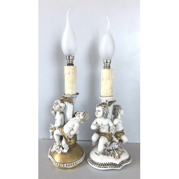 COPPIA ABATJOUR SCULTURA PORCELLANA Capodimonte FIGURE PUTTI ANGELI AMORINI '900