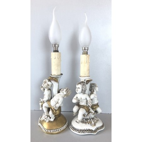 COPPIA ABATJOUR SCULTURA PORCELLANA Capodimonte FIGURE PUTTI ANGELI AMORINI '900