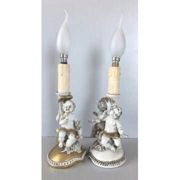 COPPIA ABATJOUR SCULTURA PORCELLANA Capodimonte FIGURE PUTTI ANGELI AMORINI '900