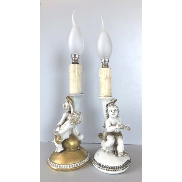 COPPIA ABATJOUR SCULTURA PORCELLANA Capodimonte FIGURE PUTTI ANGELI AMORINI '900