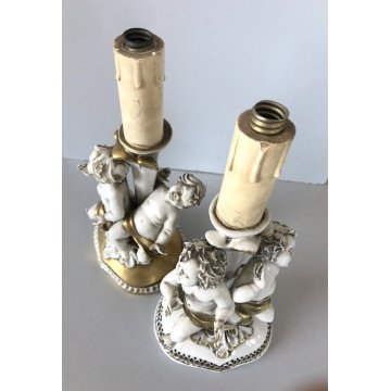 COPPIA ABATJOUR SCULTURA PORCELLANA Capodimonte FIGURE PUTTI ANGELI AMORINI '900