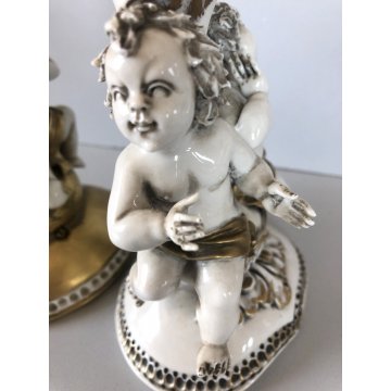 COPPIA ABATJOUR SCULTURA PORCELLANA Capodimonte FIGURE PUTTI ANGELI AMORINI '900