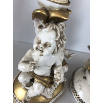 COPPIA ABATJOUR SCULTURA PORCELLANA Capodimonte FIGURE PUTTI ANGELI AMORINI '900