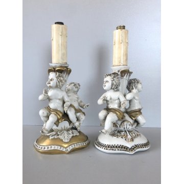 COPPIA ABATJOUR SCULTURA PORCELLANA Capodimonte FIGURE PUTTI ANGELI AMORINI '900