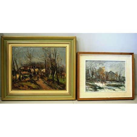 COPPIA QUADRO DIPINTO OLIO Giovanni Balansino CAMPAGNA LOMBARDA - NEVICATA 1968