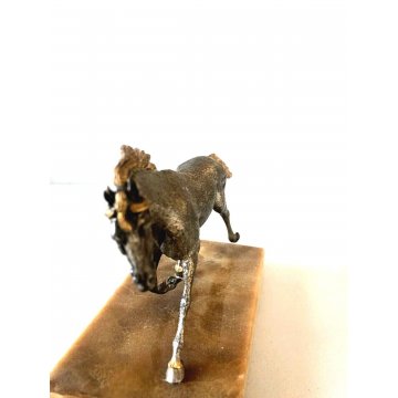 ANTICA SCULTURA CAVALLO Giuseppe Vasari BRONZO PARTI DORATE BASE MARMO DINAMISMO