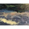 DIPINTO OLIO TELA Carlo Monti PAESAGGIO VEDUTA ARONA LAGO MAGGIORE BLU VERDE 900
