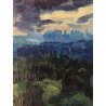 DIPINTO OLIO TELA Carlo Monti PAESAGGIO VEDUTA ARONA LAGO MAGGIORE BLU VERDE 900