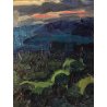 DIPINTO OLIO TELA Carlo Monti PAESAGGIO VEDUTA ARONA LAGO MAGGIORE BLU VERDE 900