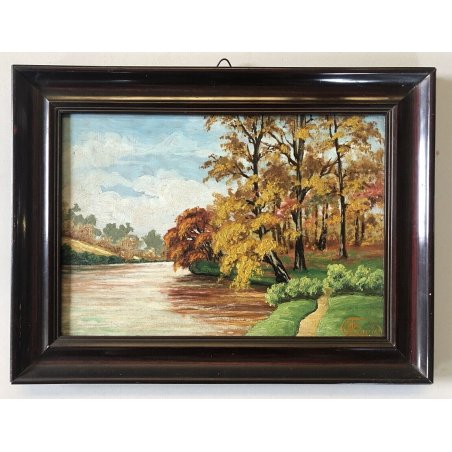 ANTICO DIPINTO OLIO TAVOLA Doria (?)  PAESAGGIO AUTUNNALE FIUME LAGO BOSCO '900