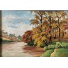 ANTICO DIPINTO OLIO TAVOLA Doria (?)  PAESAGGIO AUTUNNALE FIUME LAGO BOSCO '900