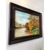 ANTICO DIPINTO OLIO TAVOLA Doria (?)  PAESAGGIO AUTUNNALE FIUME LAGO BOSCO '900