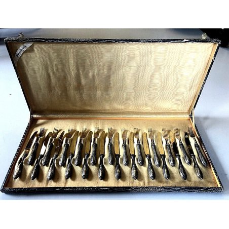 ANTICO SET 24 POSATE DESSERT LIBERTY Solingen LAMA ORO MANICO LAMINA ARGENTO 800