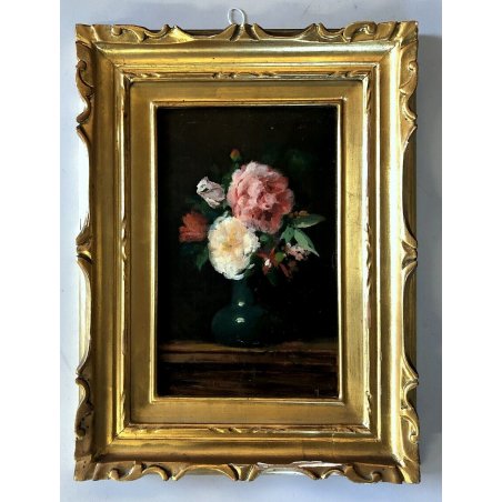 ANTICO QUADRO DIPINTO OLIO TAVOLA NATURA MORTA con FIORI ROSE ROMANTICISMO EPOCA