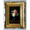 ANTICO QUADRO DIPINTO OLIO TAVOLA NATURA MORTA con FIORI ROSE ROMANTICISMO EPOCA
