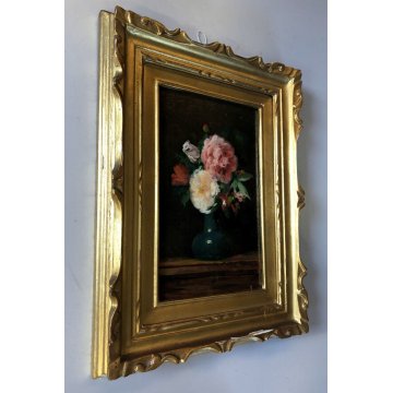 ANTICO QUADRO DIPINTO OLIO TAVOLA NATURA MORTA con FIORI ROSE ROMANTICISMO EPOCA
