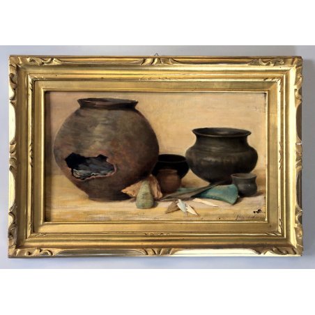 ANTICO DIPINTO OLIO TELA NATURA MORTA VASI TERRACOTTA REPERTI PIETRA LANCE '900