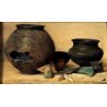 ANTICO DIPINTO OLIO TELA NATURA MORTA VASI TERRACOTTA REPERTI PIETRA LANCE '900
