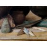 ANTICO DIPINTO OLIO TELA NATURA MORTA VASI TERRACOTTA REPERTI PIETRA LANCE '900