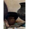ANTICO DIPINTO OLIO TELA NATURA MORTA VASI TERRACOTTA REPERTI PIETRA LANCE '900