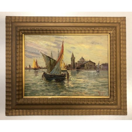 ANTICO QUADRO DIPINTO OLIO Ripa PAESAGGIO Venezia MARINA CORNICE GUILLOCHE '900