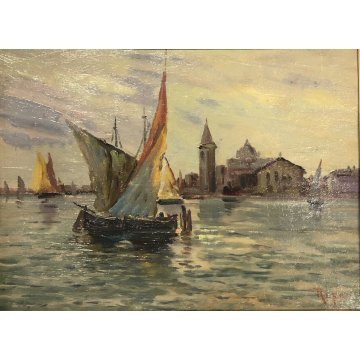ANTICO QUADRO DIPINTO OLIO Ripa PAESAGGIO Venezia MARINA CORNICE GUILLOCHE '900