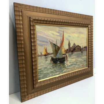 ANTICO QUADRO DIPINTO OLIO Ripa PAESAGGIO Venezia MARINA CORNICE GUILLOCHE '900