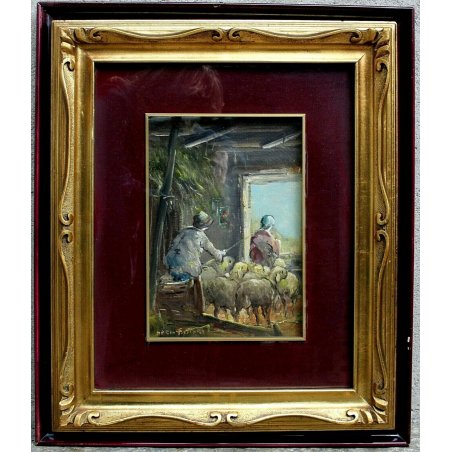 QUADRO DIPINTO OLIO TAVOLA Mario Fattori PAESAGGIO RURALE OVILE PECORE RUSTICO 