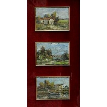 ANTICO QUADRO DIPINTO OLIO TAVOLA TRITTICO Ciro Agnetti PAESAGGIO PIANURA FIUME