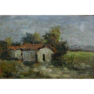 ANTICO QUADRO DIPINTO OLIO TAVOLA TRITTICO Ciro Agnetti PAESAGGIO PIANURA FIUME