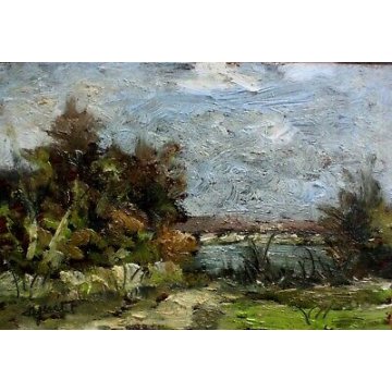 ANTICO QUADRO DIPINTO OLIO TAVOLA TRITTICO Ciro Agnetti PAESAGGIO PIANURA FIUME