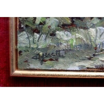ANTICO QUADRO DIPINTO OLIO TAVOLA TRITTICO Ciro Agnetti PAESAGGIO PIANURA FIUME