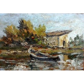 ANTICO QUADRO DIPINTO OLIO TAVOLA TRITTICO Ciro Agnetti PAESAGGIO PIANURA FIUME