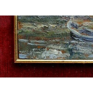 ANTICO QUADRO DIPINTO OLIO TAVOLA TRITTICO Ciro Agnetti PAESAGGIO PIANURA FIUME