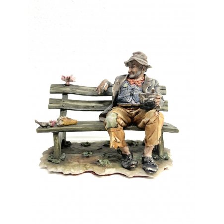 GRANDE SCULTURA CERAMICA BISCUIT Capodimonte FIGURA Vagabondo CLOCHARD PANCA 900